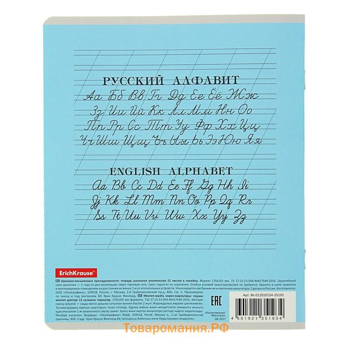 Тетрадь 12 листов в линейку ErichKrause «Классика», обложка мелованный картон, блок офсет, белизна 100%, голубая