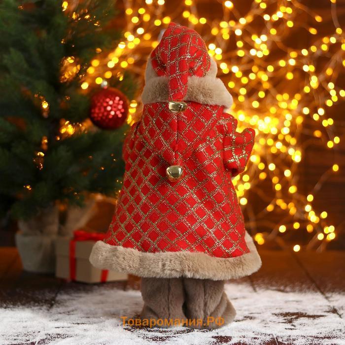 Дед Мороз "В красной шубке в клетку с подарками" двигается, 40 см