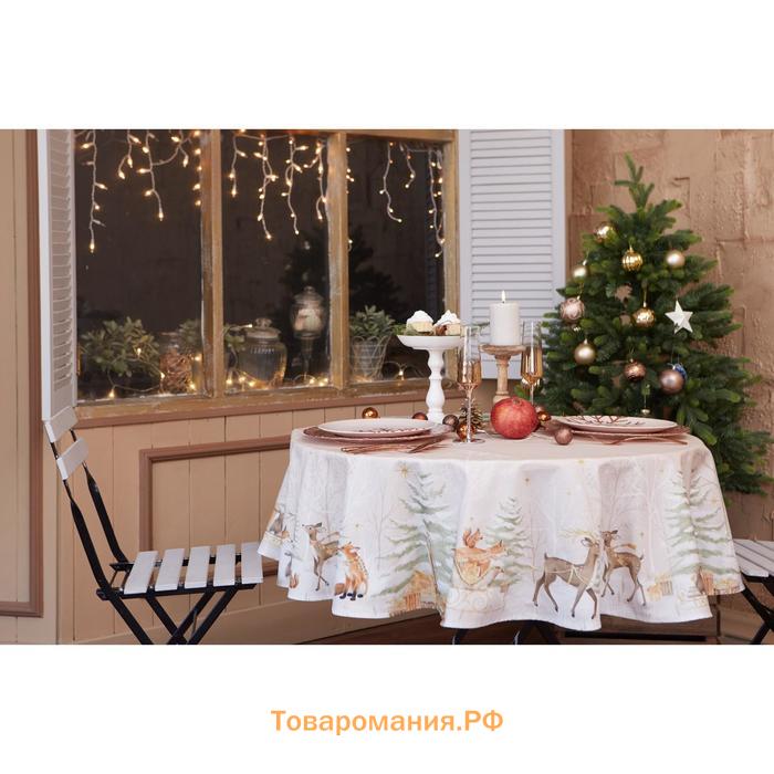 Новый год. Скатерть новогодняя  Christmas forest d=215 +/- 3см с ГМВО, 100% хлопок, саржа 190 гр/м2