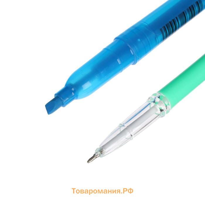 Набор канцелярский 10 предметов (Пенал-тубус 65 х 210 мм, ручки 4 штуки цвет синий , линейка 15 см, точилка, карандаш 2 штуки, текстовыделитель), серый