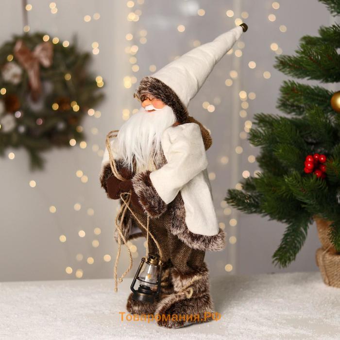 Дед Мороз "В белой шубке, в колпачке, с фонариком" двигается, 40 см