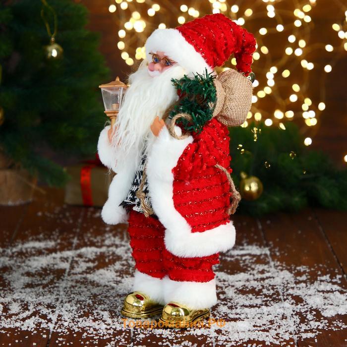 Дед Мороз "В свитере и блестящей шубке с белым мехом" двигается, фонарь светится, 15х35 см