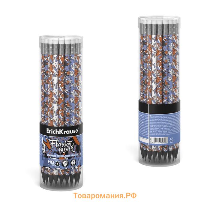 Карандаш чернографитный с ластиком ErichKrause "Tulips", HB, грифель d=2.2 мм, дерево, трeхгранный с принтом, в тубусе, микс