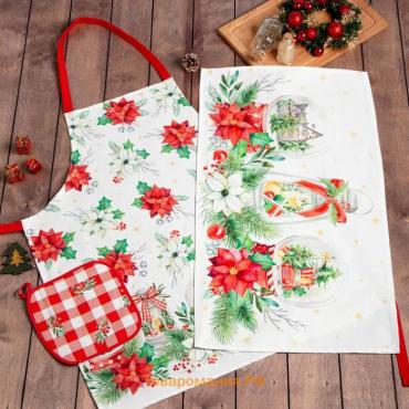 Набор подарочный "" Christmas red flowers, фартук, полотенце, прихватка